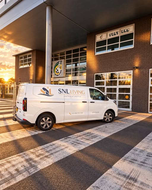 De bedrijfswagen van SNL Living op locatie bij Fortuna Sittard