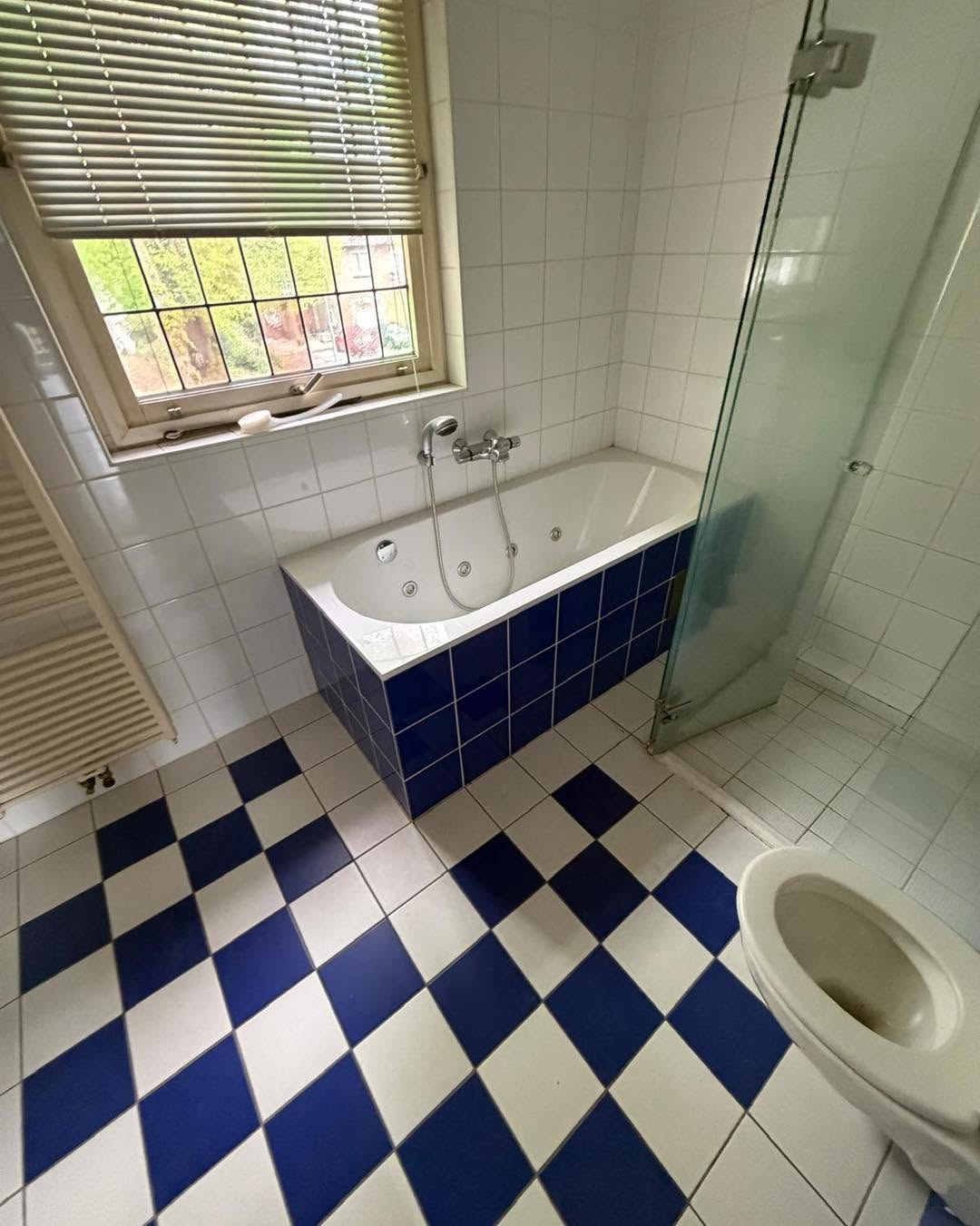 Vóór de renovatie: ligbad, blauw-witte tegels en het bestaande toilet