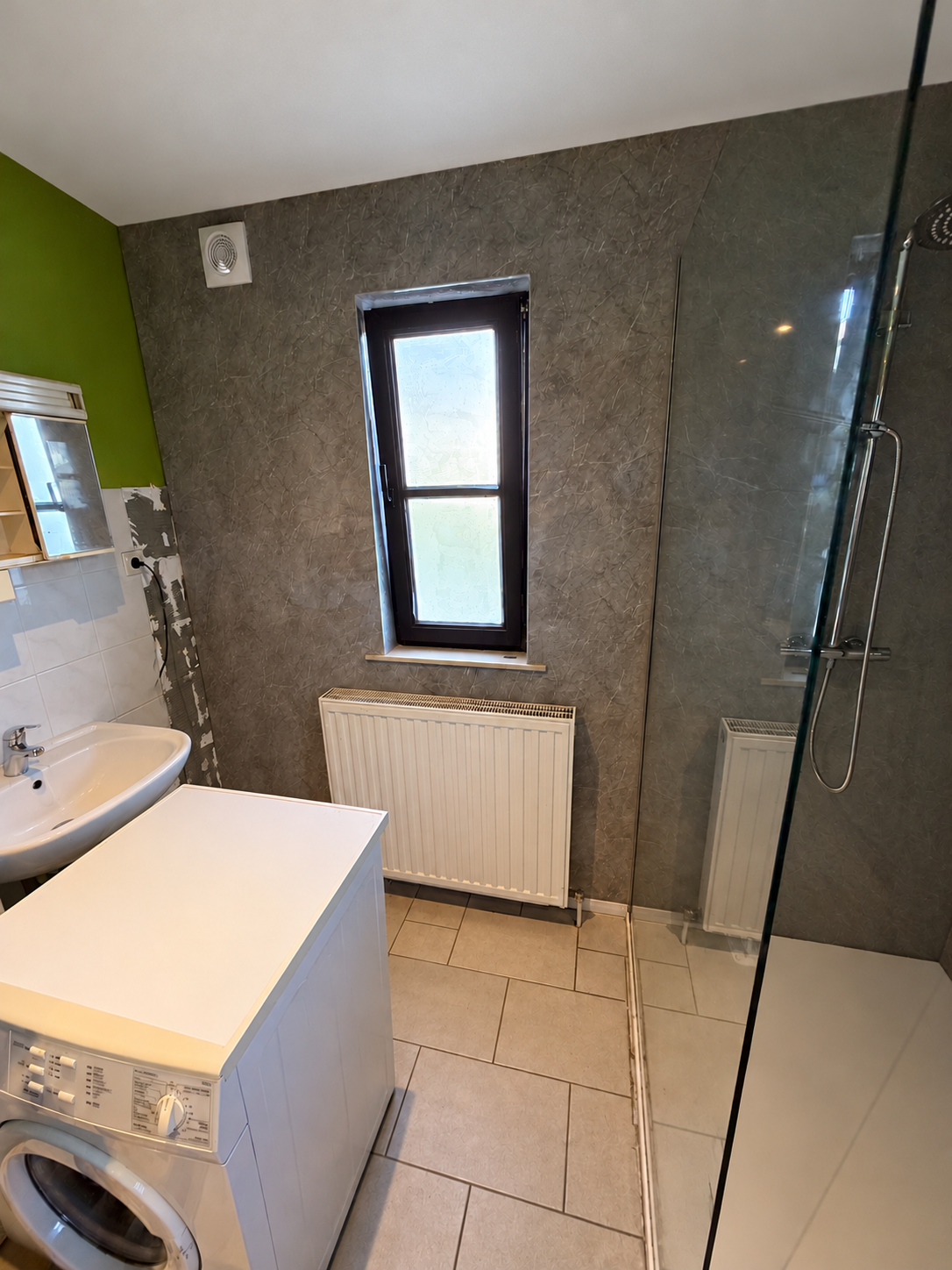 Ruime douche met glazen wand en Panel-X wandpanelen in Neeroeteren